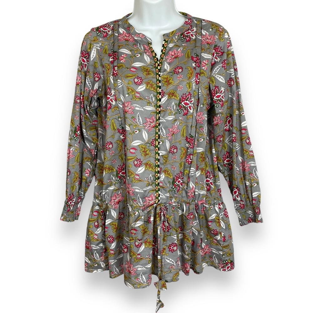 Sapphire Tunic Top Beaded Floral Pakistan Gray Long Sleeve Drawstring Cotton Med